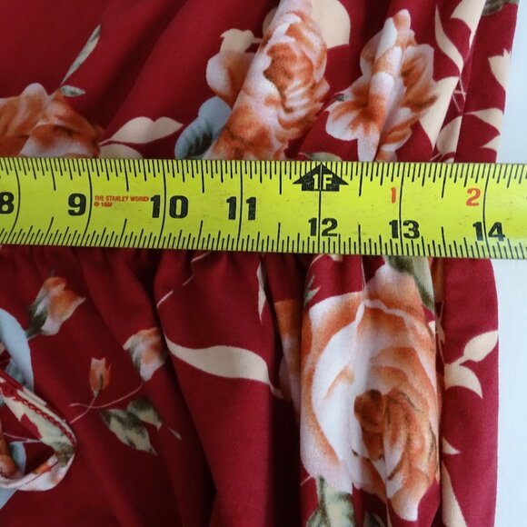 Floral Red Midi Dress With Elastic Waist Women Size L Short Sleeve Pocket FLAW - Picture 10 of 12